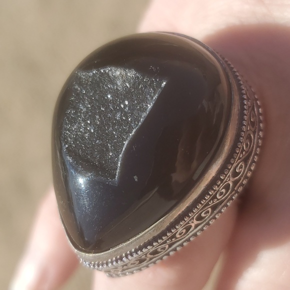 Handmade Jewelry - New Oversized Black Agate Druzy 925 Silver Ring.